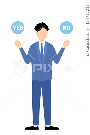 A simple illustration of a businessman in a business suit holding a yes or no stick 124783212
