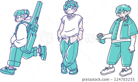 一個戴著耳機的男孩的插圖集 124783235