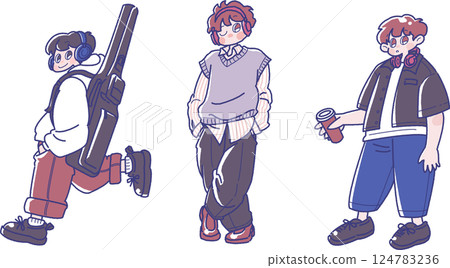 Illustration set of a boy wearing headphones 124783236