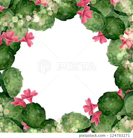 Watercolor frame of green cactus with flowers. Perfect for postcards, invitations to a tropical party and design of congratulations, certificates for birthday in exotic style. for cafe posters. 124783271