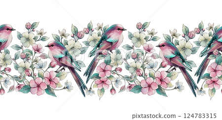Seamless Watercolor Border with Birds and Flowers Seamless Watercolor Border with Birds and Flowers 124783315
