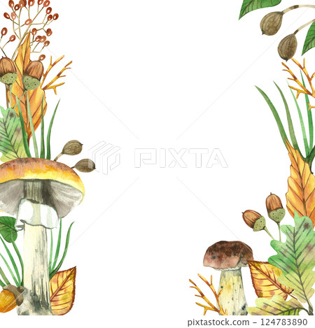 Watercolor frame on a forest theme made of mushrooms, tree leaves, acorns, wild berries. All objects are hand-drawn with watercolors. For printing on postcards, invitations, magazines, stationery. Watercolor frame on a forest theme made of mushrooms, tree leaves, acorns, wild berries. All objects are hand-drawn with watercolors. For printing on postcards, invitations, magazines, stationery. 124783890