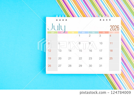 Desk calendar for July 2026 for planning on colorful. Desk calendar for July 2026 for planning on colorful. 124784009