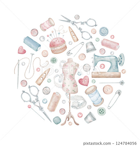 Round composition with sewing tools and needlework accessories. Sewing machine, mannequin, pincushion, scissors, buttons, thimble, spool, safety pin in watercolor style. Atelier supplies clipart. Round composition with sewing tools and needlework accessories. Sewing machine, mannequin, pincushion, scissors, buttons, thimble, spool, safety pin in watercolor style. Atelier supplies clipart. 124784056
