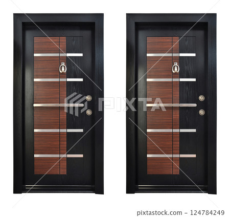Modern brown black wooden looking steel two door, front door, isolated on white background Modern brown black wooden looking steel two door, front door, isolated on white background 124784249