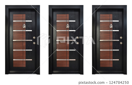 Modern brown black wooden looking steel three door, front door, isolated on white background 124784250