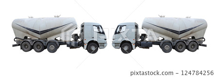 Blank cement two truck isolated on a white background, cement truck used for construction transport Blank cement two truck isolated on a white background, cement truck used for construction transport 124784256