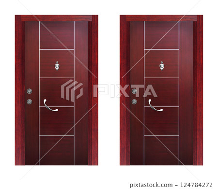 Modern mahogany wooden looking steel two door, front door, isolated on white background 124784272