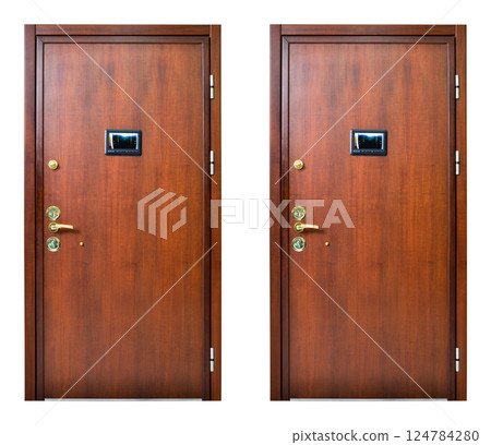 Modern walnut wooden looking steel two door, front door, electronic security lock system 124784280