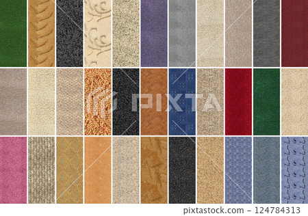 Collage with colorful carpets as background. Carpet sample textures. Suitable for banner and web design 124784313