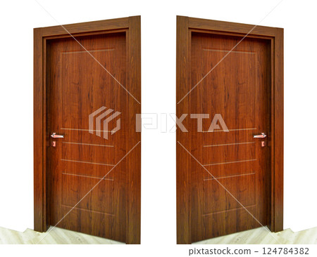 Modern walnut wooden looking steel two door, front door, isolated on white background 124784382