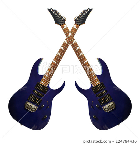 Two electric guitar with a wooden blue or navy blue body, special musical instrument, white area 124784430