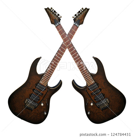 Two electric guitar with a wooden walnut brown body, special musical instrument, white area 124784431