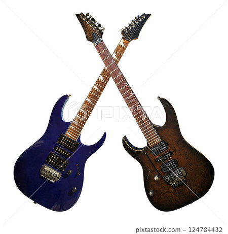 Two electric guitar with a wooden walnut brown and blue body, special musical instrument, white area Two electric guitar with a wooden walnut brown and blue body, special musical instrument, white area 124784432