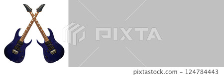 Two electric guitar with a wooden blue or navy blue body, special musical instrument, white area 124784443