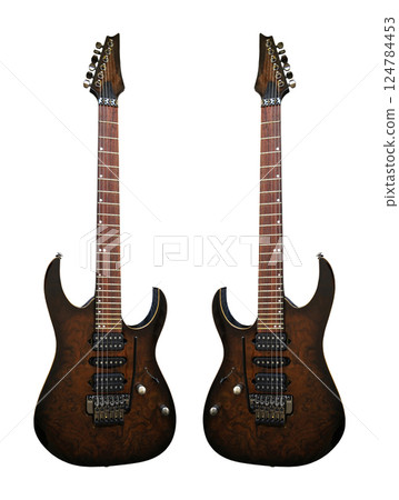 Two electric guitar with a wooden walnut brown body, special musical instrument, white area 124784453
