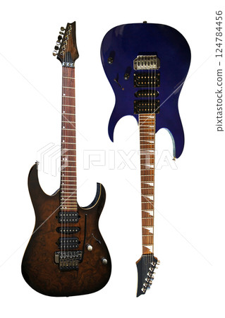 Two electric guitar with a wooden walnut brown and blue body, special musical instrument, white area 124784456