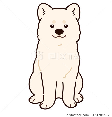 A simple and cute illustration of a white Akita dog sitting facing forward with main lines 124784467