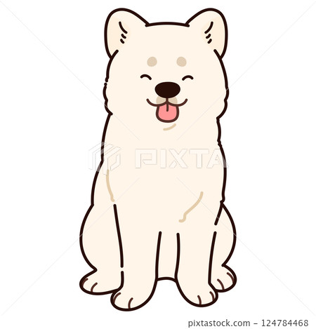 一隻微笑的白色秋田犬面朝前方坐著的簡單可愛的插圖，帶有主線 124784468