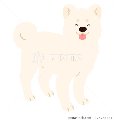 Simple and cute illustration of a smiling white Akita dog, no main lines 124784474