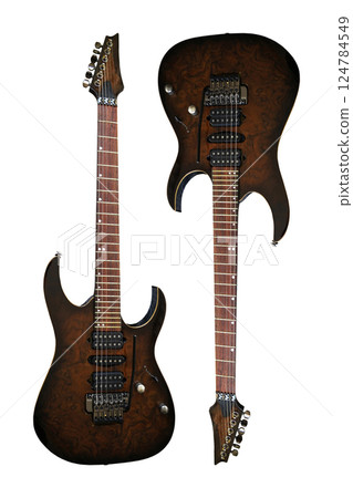 Two electric guitar with a wooden walnut brown body, special musical instrument, white area 124784549