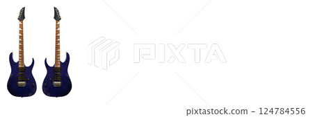 Two electric guitar with a wooden blue or navy blue body, special musical instrument, white area 124784556