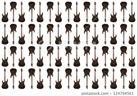 Electric guitar with a wooden walnut brown body, special musical instrument banner design work, white area 124784561