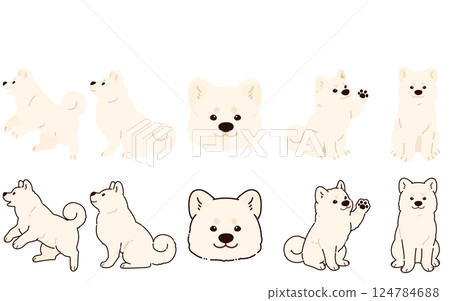 Simple and cute white Akita dog illustration set Simple and cute white Akita dog illustration set 124784688