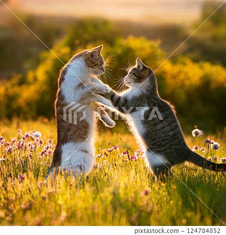 Image of two cats frolicking in a meadow 124784852
