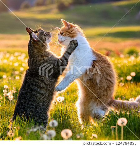 Image of two cats frolicking in a meadow Image of two cats frolicking in a meadow 124784853