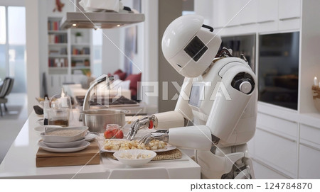Humanoid robot prepares vegetable dish in modern kitchen. Artificial intelligence concept, home assistant, 3d rendering. 124784870