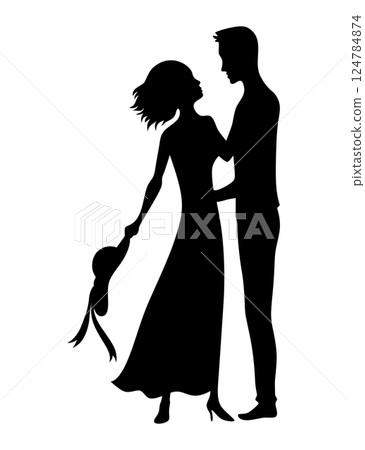 Couples in love silhouette. Man and woman standing together. Romantic black silhouette of loving pair boy and girl. Vector illustration 124784874