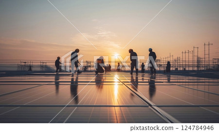 Technicians install solar panels on the roof of a high-rise building, against the backdrop of an urban industrial landscape. 3D rendering. 124784946