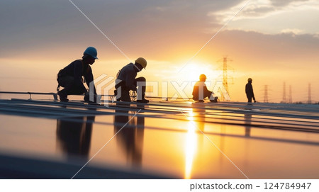 Technicians install solar panels on the roof of a high-rise building, against the backdrop of an urban industrial landscape. 3D rendering. 124784947