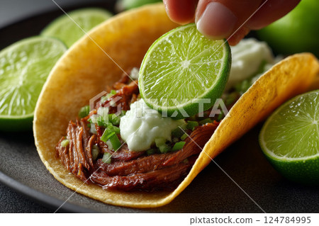 Crunchy taco filled with beef and onion, splashed by lime juice Crunchy taco filled with beef and onion, splashed by lime juice 124784995