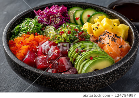 Colorful poke bowl with tuna salmon avocado vegetables 124784997
