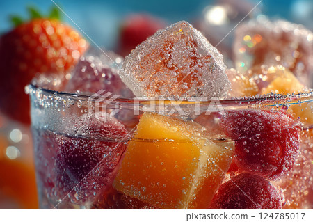 Melting ice cubes with fruits in sparkling summer drink Melting ice cubes with fruits in sparkling summer drink 124785017