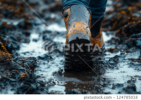 Hiking boot steps into thick mud with splash 124785018