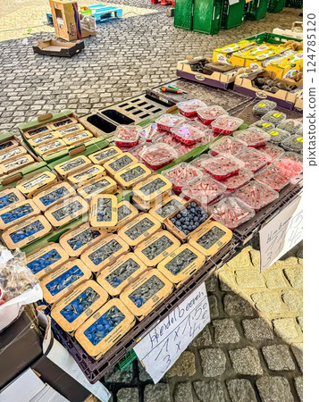 Packaged Berries at Outdoor Market Stall, Fresh Fruit, Healthy Food, Local Produce. High quality photo 124785120