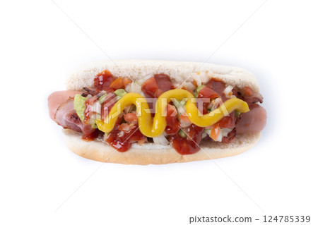 Sonoran hot dog. Traditional Mexican hot dog isolated on white background 124785339