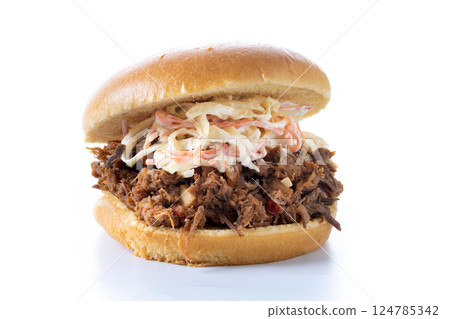 Pulled pork sandwich with coleslaw salad isolated on white background 124785342