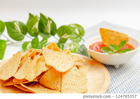 Corn tortilla chips and salsa Corn tortilla chips and salsa 124785357