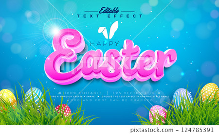 Happy Easter 3D Text Effect Design. Editable and Scalable Vector Graphic Style Effect with Colorful Painted Egg and Typography Lettering Blue Background. Spring Religious Holiday Illustration Template 124785391