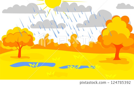 Colorful vector illustration depicts a bright sunny day with rain falling over a lively landscape. Yellow trees and a small pond reflect the sunny weather amidst the rain 124785392