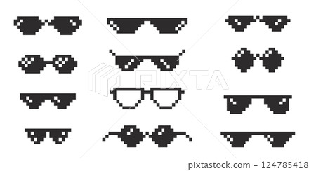 Pixel glasses 8 bit y2k, sunglasses. Meme icon, googgles. Mafia meme prank funny black hipster eyeglasses for gangster  124785418