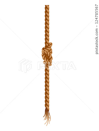 Hanging rope with tassel and node. Knitted nautical thread or marine vertical fiber. Textile tassel hang at rope isolated on white background. Vector illustration 124785567