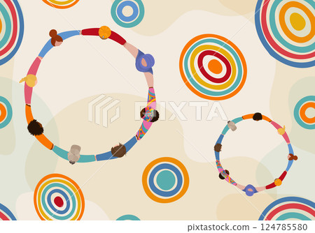 Seamless Pattern of Multicultural People Holding Hands in a Circle. Aerial View. Diversity Unity  Racial Equality concept 124785580