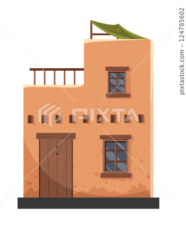 Adobe house. Traditional building illustrate craftsmanship of rustic architecture. Construction with wooden elements. Vector cartoon illustration 124785602