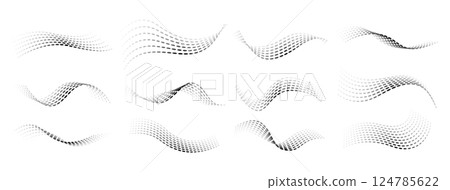 Dotted halftone waves set. Flowing wavy lines patterns. Abstract liquid shapes, wave effect dotted gradient textures. Curve textures with halftone circular point isolated on white background Dotted halftone waves set. Flowing wavy lines patterns. Abstract liquid shapes, wave effect dotted gradient textures. Curve textures with halftone circular point isolated on white background 124785622