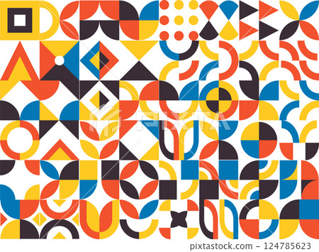 Geometric mosaic, Bauhaus pattern. Modern geometry figure, shape. Bauhaus. Geometric mosaic. Minimal mural texture. Scandinavian. Geometric mosaic print. retro wallpaper. Vector illustration Geometric mosaic, Bauhaus pattern. Modern geometry figure, shape. Bauhaus. Geometric mosaic. Minimal mural texture. Scandinavian. Geometric mosaic print. retro wallpaper. Vector illustration 124785623
